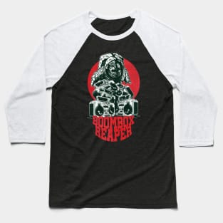 Red Boombox Reaper - Skull-Face Astronaut with Boomboxes Baseball T-Shirt